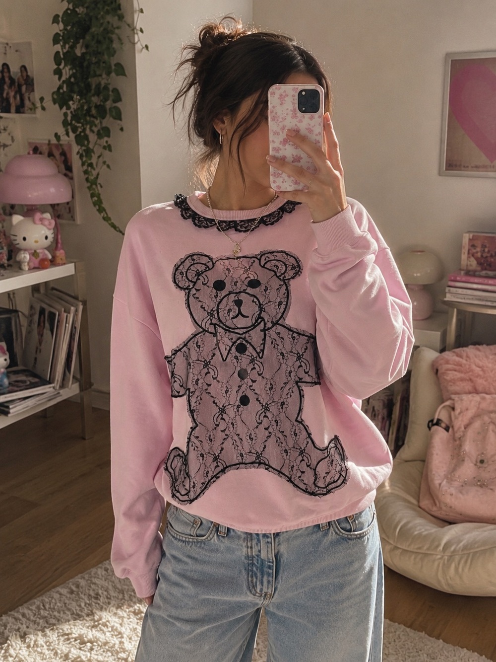 100% Cotton Teddy Fresh Pink Lace Teddy Bear Sweatshirt Small Oversized